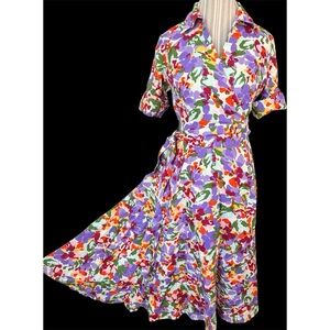 Vintage JG HOOK Floral Watercolor 100% Linen Faux Wrap A-Line Dress NWT~Size 8